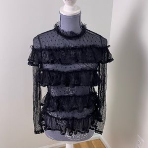 NWT danity Paris black ruffle polka dot sheer long sleeve blouse size small